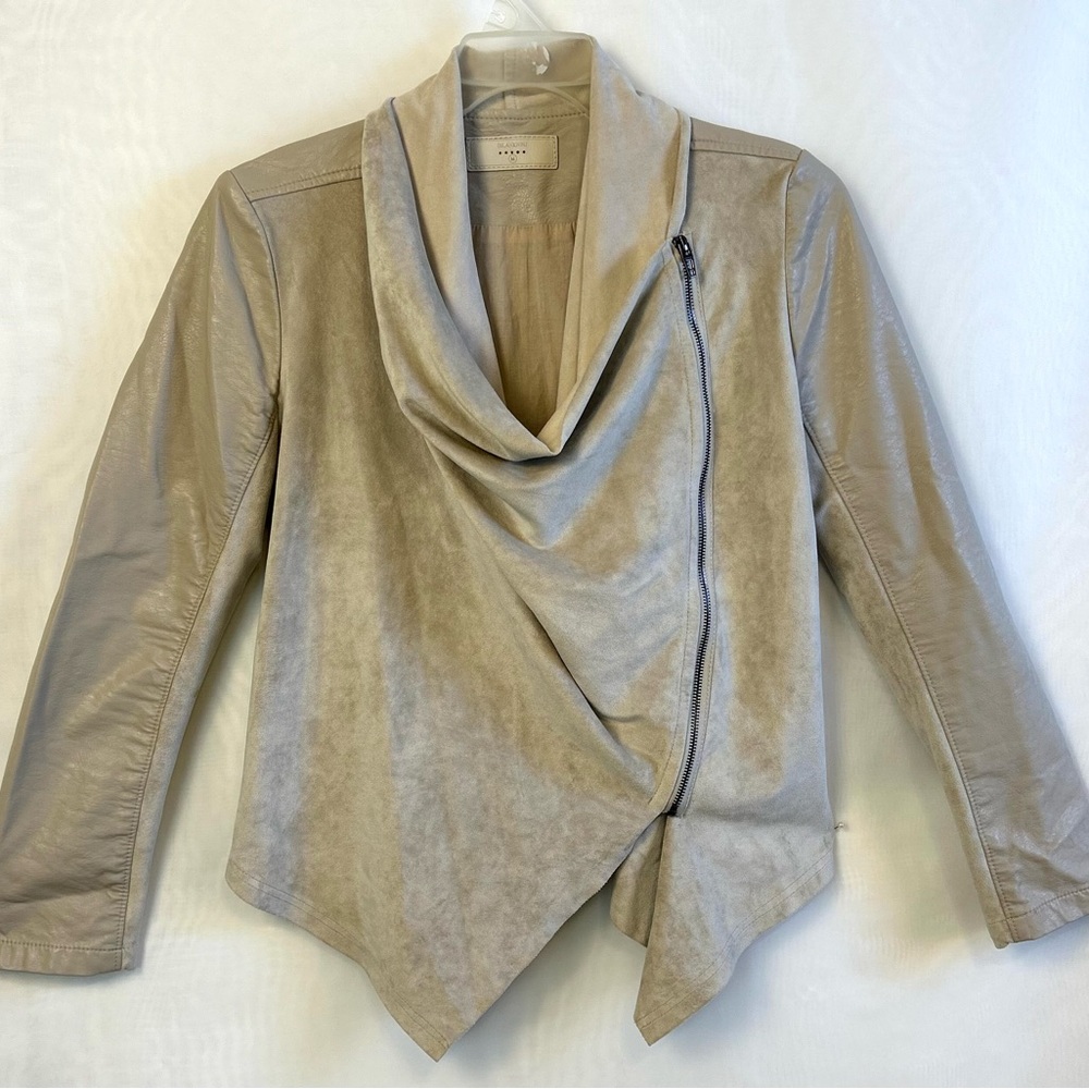 Blank NYC Beige Faux Leather Suede Mixed Media Draped Front Moto Jacket MEDIUM